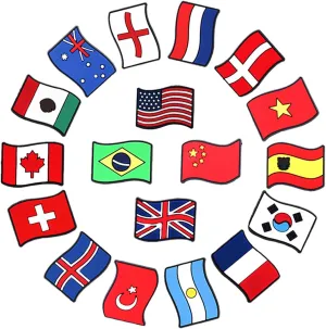 18pcs National Flag Shoe Charms America Canada Brazil Flags Shoe Buckles Decoration Sandals Bracelet Wristband Accessories DIY X-mas Party Gift