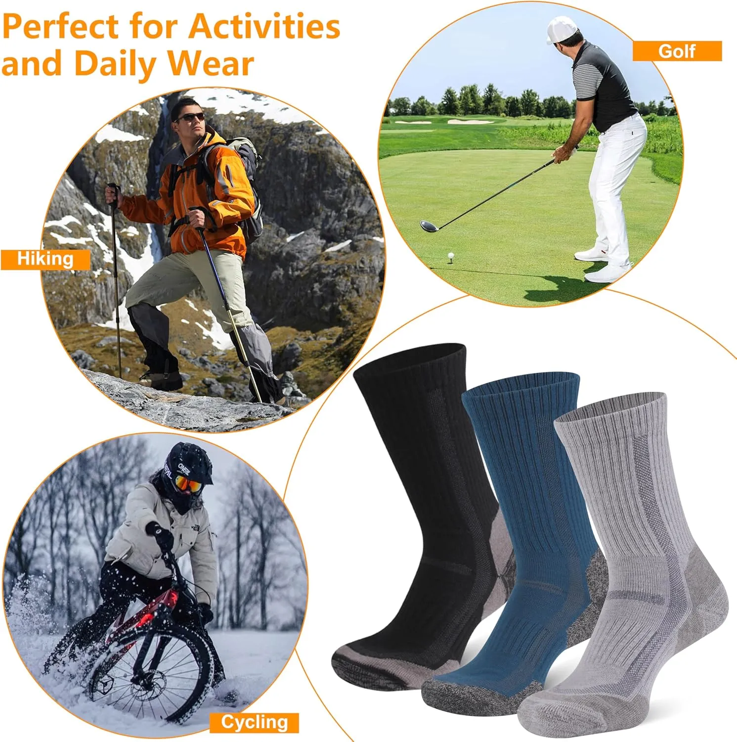 3 Pairs Merino Wool Hiking Mid Calf Socks for Men & Women - Moisture Wicking, Thermal, Cushioned Boot Socks