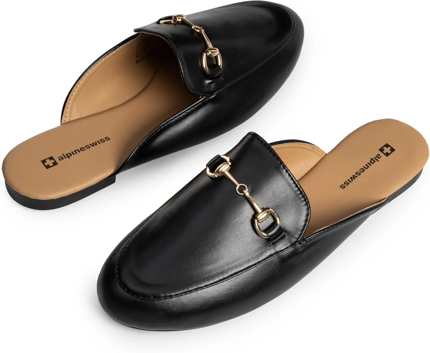 Alpine Swiss Erin Womens Flat Mules Loafers Round Toe Blackless Slide on Shoes