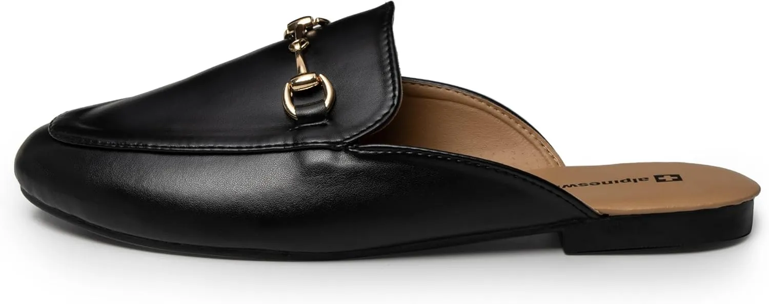 Alpine Swiss Erin Womens Flat Mules Loafers Round Toe Blackless Slide on Shoes