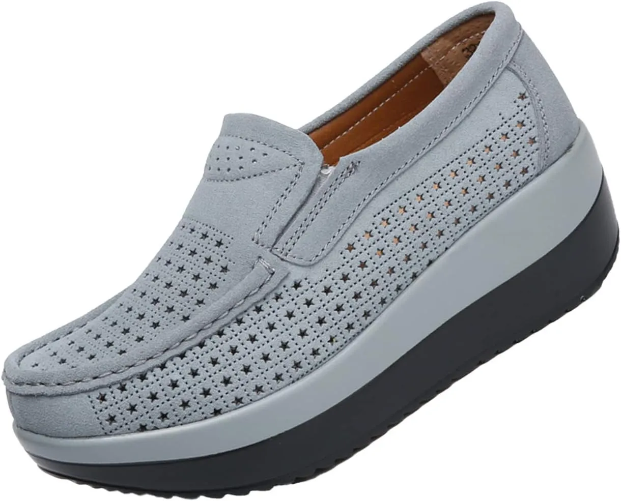 AngryMonkey Women's Fashion Platform Sneakers High Hidden Heel Wedge Moccasin Slip-on Casual Low Top Non-Slip Walking Shoes