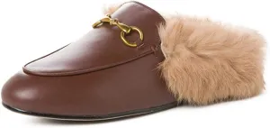 Arqa Fur Mules for Women Comfortable Leather Buckle Mule Flats Furry Padded Backless Loafers Casual Slides Shoes