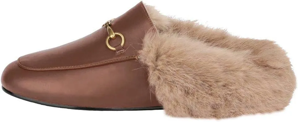 Arqa Fur Mules for Women Comfortable Leather Buckle Mule Flats Furry Padded Backless Loafers Casual Slides Shoes