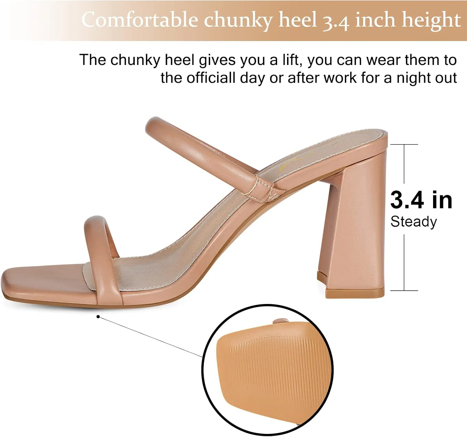 Athlefit Women's Square Open Toe Two Strap Heeled Sandals Slip On Block Chunky Heels Sandals