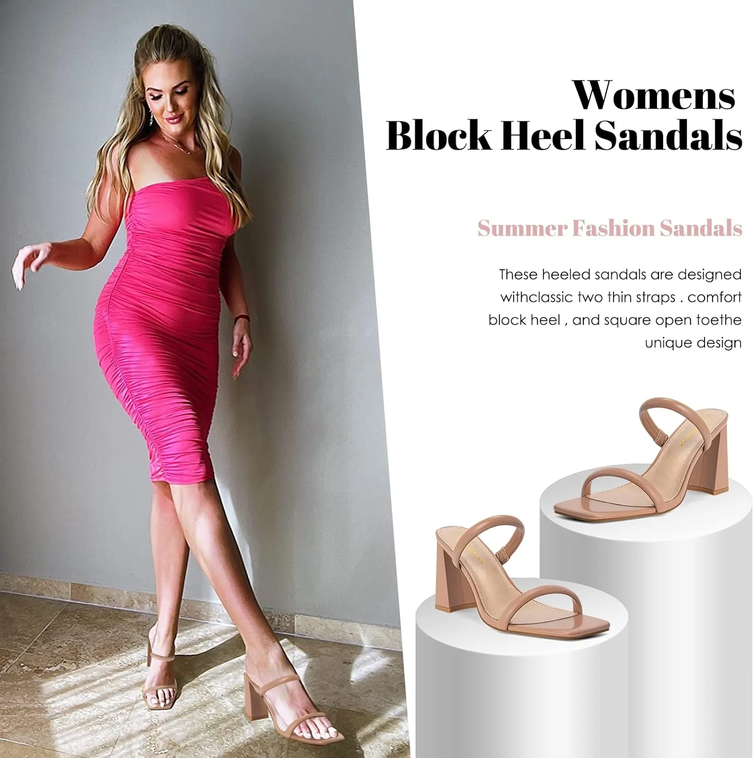 Athlefit Women's Square Open Toe Two Strap Heeled Sandals Slip On Block Chunky Heels Sandals