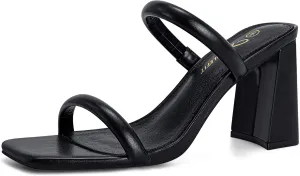 Athlefit Women's Square Open Toe Two Strap Heeled Sandals Slip On Block Chunky Heels Sandals