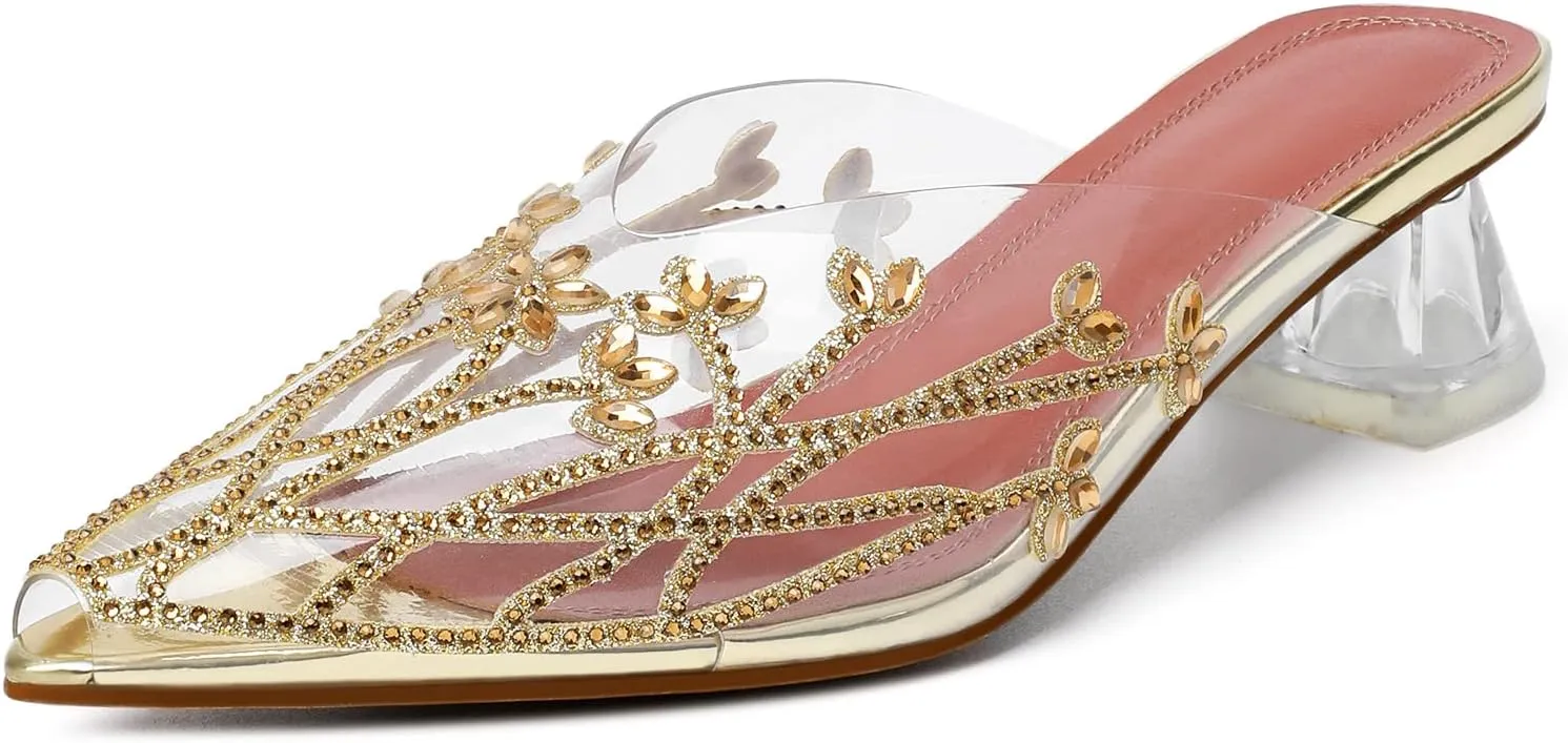 AUMOTED Women's Clear Mule Sandals Pointed Toe Slingback Heels Rhinestone Heels Pumps Wedding Shoes