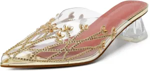 AUMOTED Women's Clear Mule Sandals Pointed Toe Slingback Heels Rhinestone Heels Pumps Wedding Shoes
