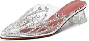 AUMOTED Women's Clear Mule Sandals Pointed Toe Slingback Heels Rhinestone Heels Pumps Wedding Shoes