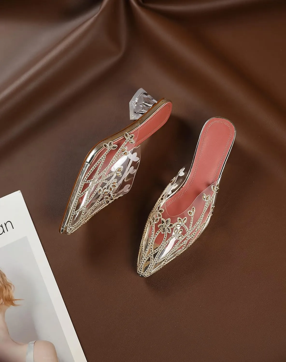AUMOTED Women's Clear Mule Sandals Pointed Toe Slingback Heels Rhinestone Heels Pumps Wedding Shoes