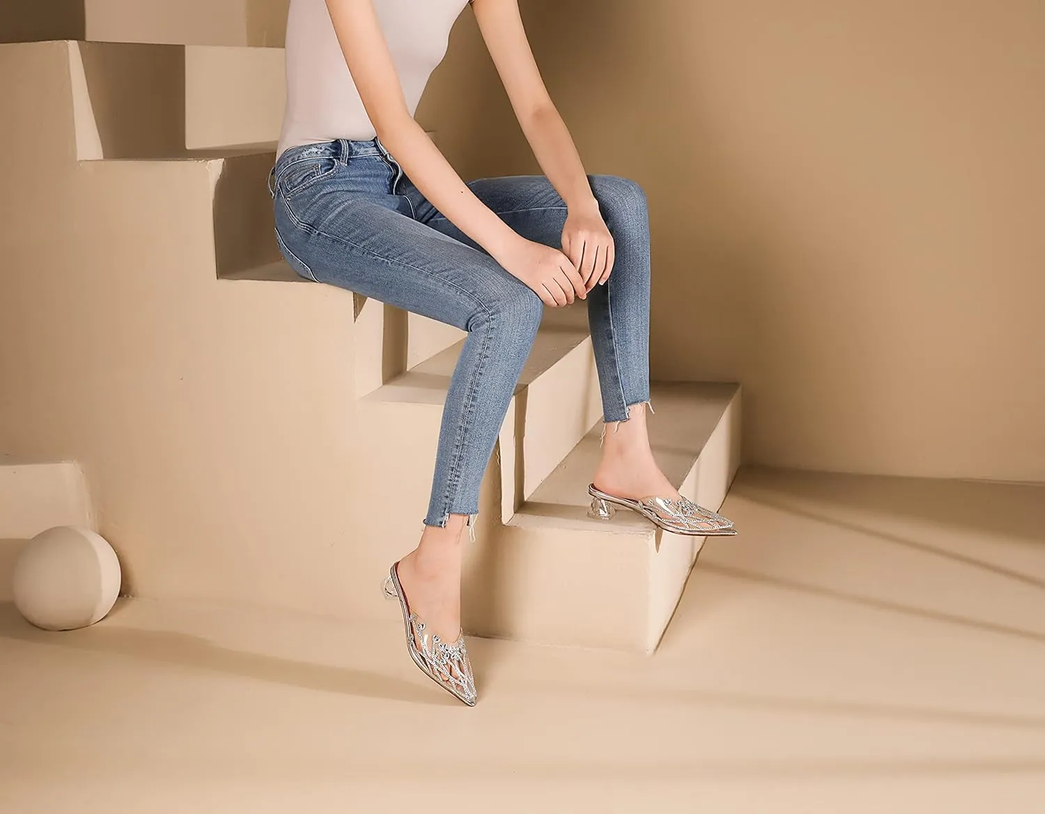 AUMOTED Women's Clear Mule Sandals Pointed Toe Slingback Heels Rhinestone Heels Pumps Wedding Shoes