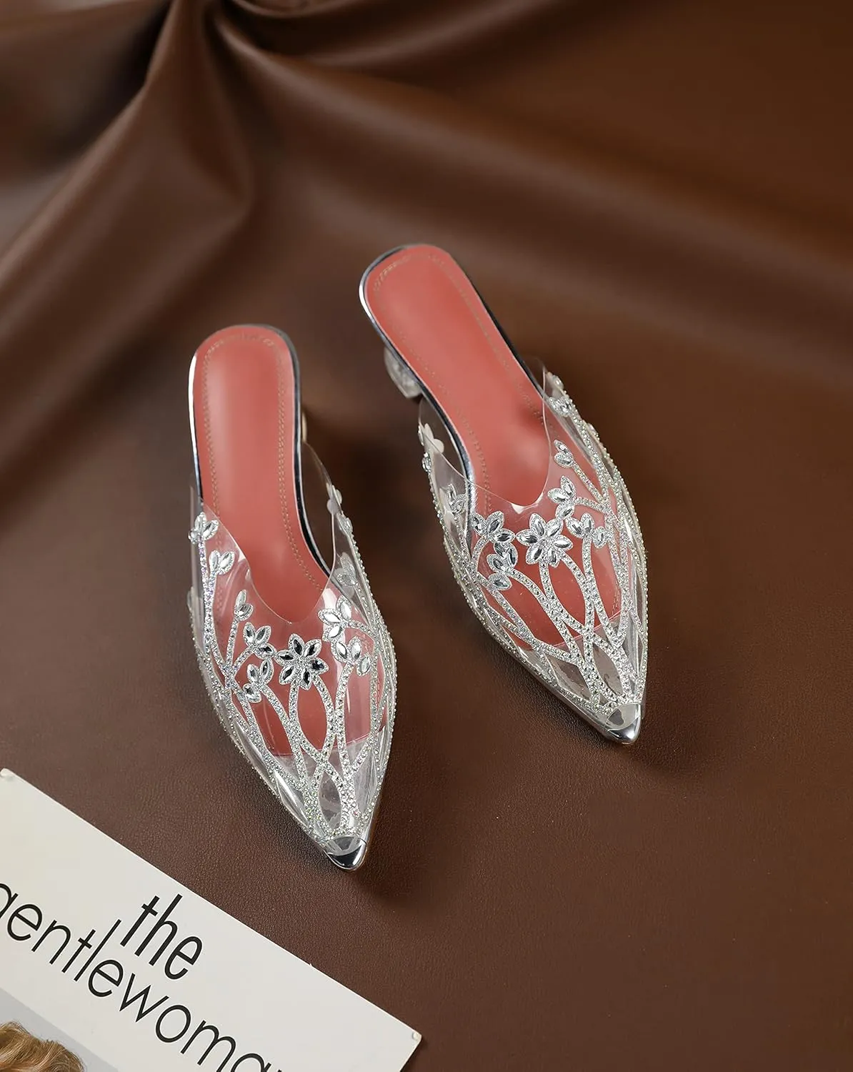 AUMOTED Women's Clear Mule Sandals Pointed Toe Slingback Heels Rhinestone Heels Pumps Wedding Shoes