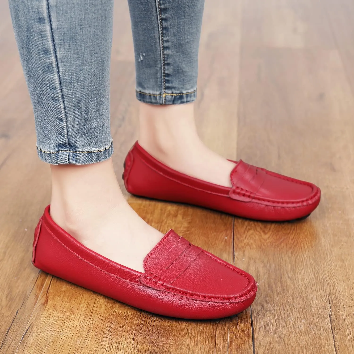 BEAUSEEN Women's Genuine Leather Penny Loafers Classic Driving Moccasins Casual Slip On Comfort Women Loafer Shoes
