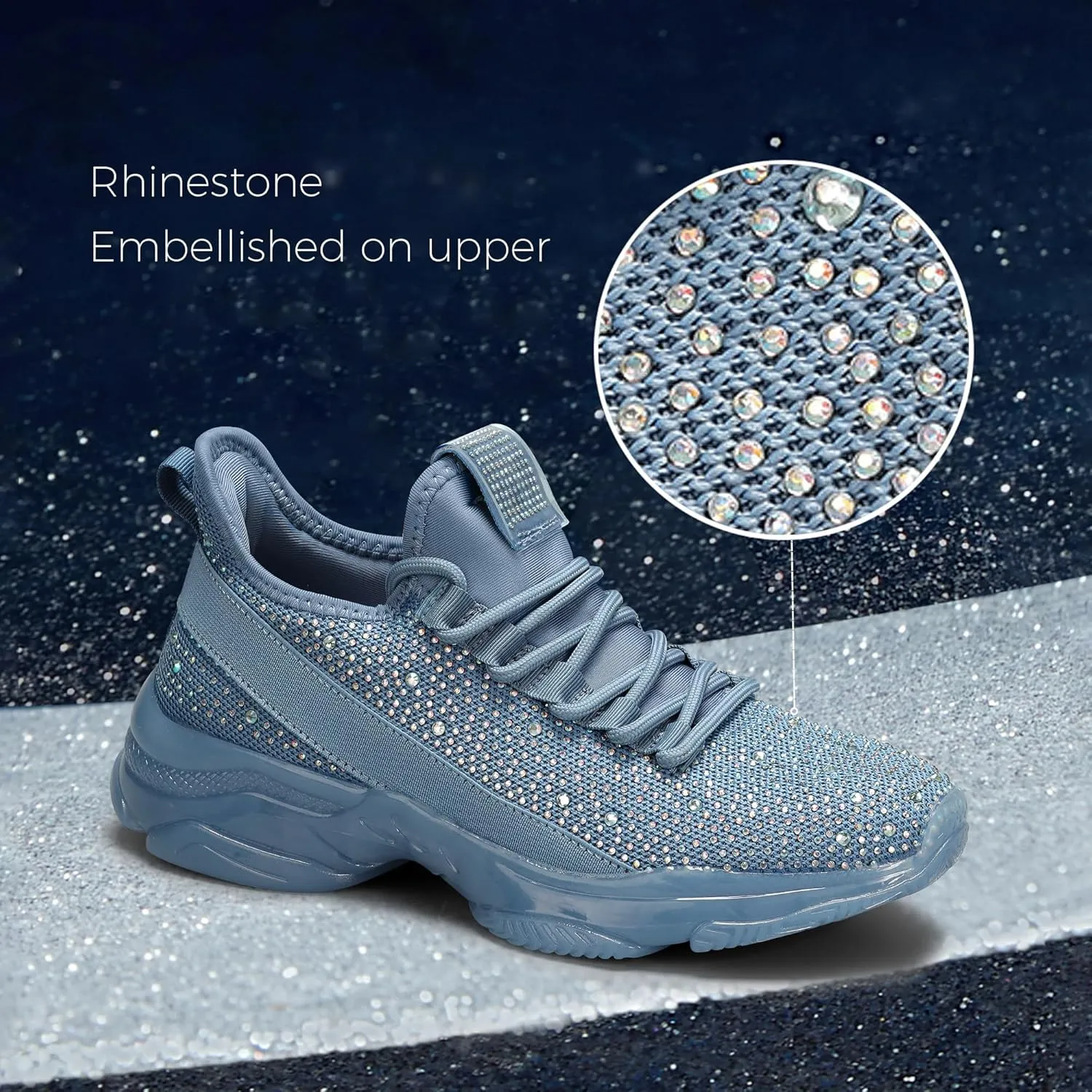 BELOS Women's Rhinestone Mesh Slip On Walking Shoes Fashion Breathable Spakle Glitter Sneaker