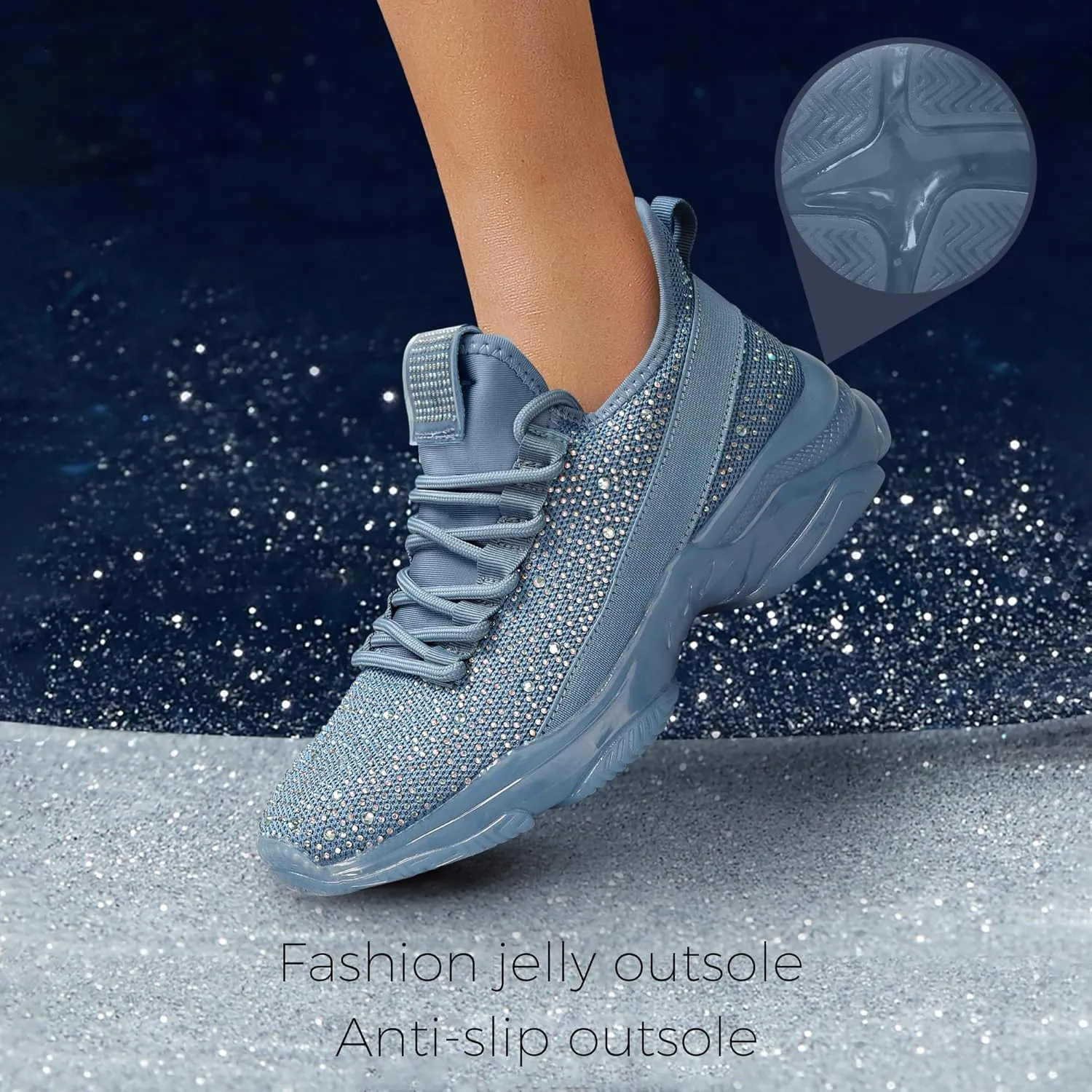 BELOS Women's Rhinestone Mesh Slip On Walking Shoes Fashion Breathable Spakle Glitter Sneaker