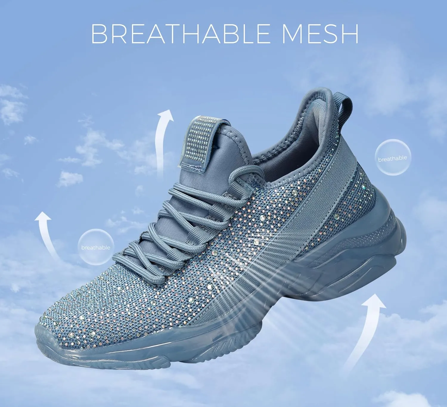 BELOS Women's Rhinestone Mesh Slip On Walking Shoes Fashion Breathable Spakle Glitter Sneaker