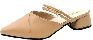Boxpopla Women's Closed Pointed Toe Mules Two Way Wear Strap Backless Loafer for Women Mid Chunky Heel Mule Slingback Sandals Slip on Slides Dress Shoes