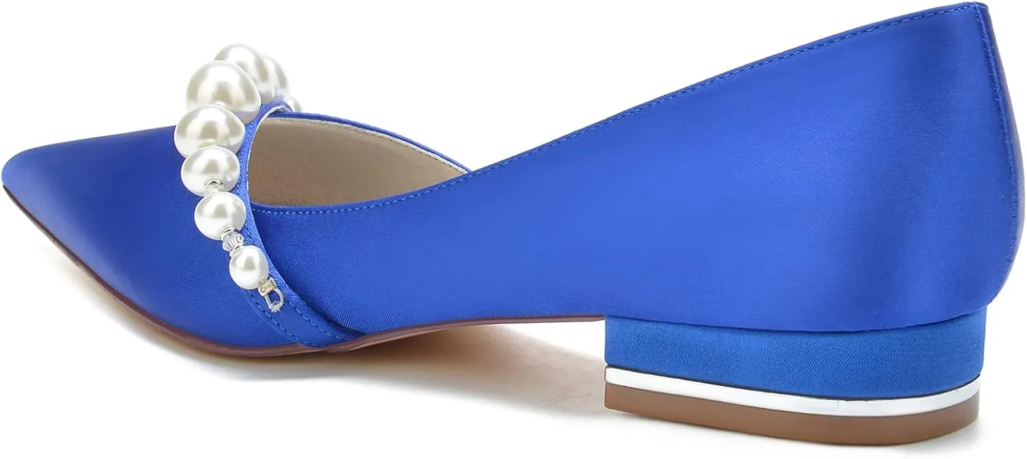Bridal Shoes for The Bride Flats Satin Pearl Pointed Toe Closed Toe Low Heels Dress Shoes Wedding Sandals for Bridesmaids