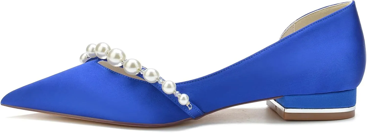 Bridal Shoes for The Bride Flats Satin Pearl Pointed Toe Closed Toe Low Heels Dress Shoes Wedding Sandals for Bridesmaids