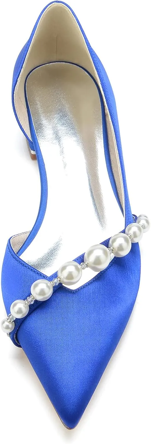 Bridal Shoes for The Bride Flats Satin Pearl Pointed Toe Closed Toe Low Heels Dress Shoes Wedding Sandals for Bridesmaids