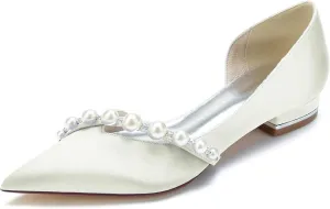 Bridal Shoes for The Bride Flats Satin Pearl Pointed Toe Closed Toe Low Heels Dress Shoes Wedding Sandals for Bridesmaids