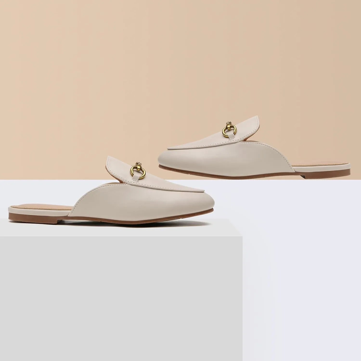 Buckle Mules for Women Work Flats Round Toe Business Backless Loafers Metal Décor Slip on
