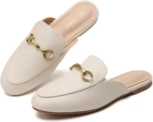 Buckle Mules for Women Work Flats Round Toe Business Backless Loafers Metal Décor Slip on