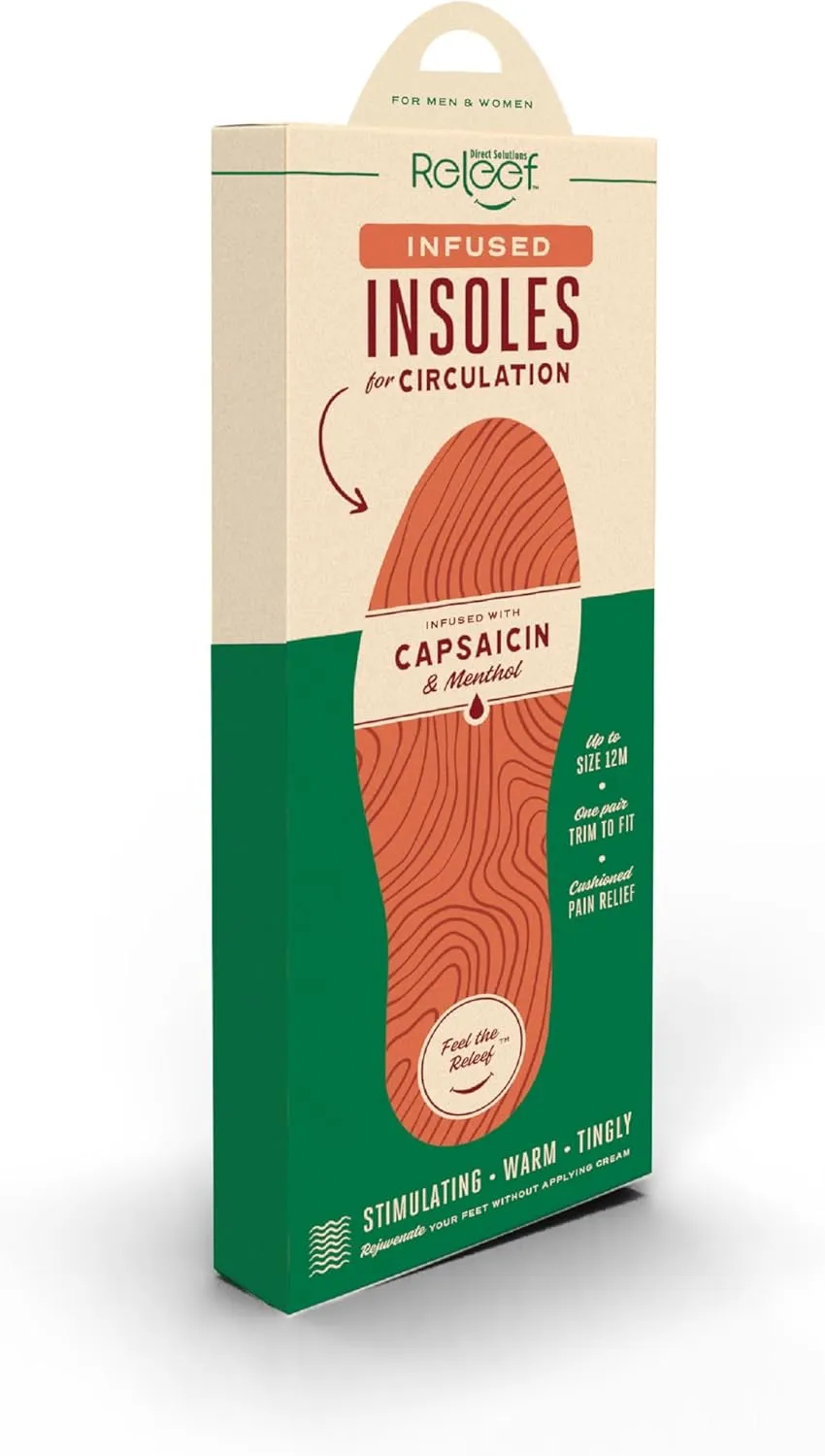 Circulation Relief Infused Insoles for Men and Women | Capsaicin and Menthol Cushioned Shoe Inserts | Odor Control | Shock Absorbing Latex Free | Cut to Fit | All-Day Foot Support