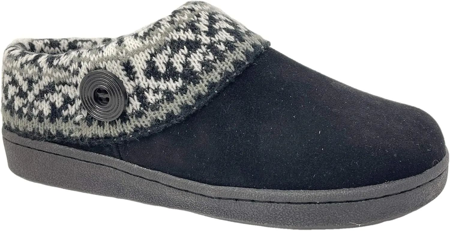 Clarks Womens Suede Leather Comfort Clog Knitted Collar Slipper - Plush Faux Fur Trim - Indoor Outdoor House Slippers For Women (7 M US, Black/Grey Multi)