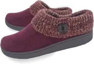 Clarks Womens Suede Leather Comfort Clog Knitted Collar Slipper - Plush Faux Fur Trim - Indoor Outdoor House Slippers For Women (Burgundy/Beige 9M)