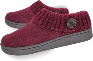 Clarks Womens Suede Leather Comfort Clog Knitted Collar Slipper - Plush Faux Fur Trim - Indoor Outdoor House Slippers For Women (Burgundy/Burgundy Gold 9M)