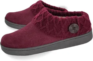 Clarks Womens Suede Leather Comfort Clog Knitted Collar Slipper - Plush Faux Fur Trim - Indoor Outdoor House Slippers For Women (Burgundy/BurgundyX 9M)
