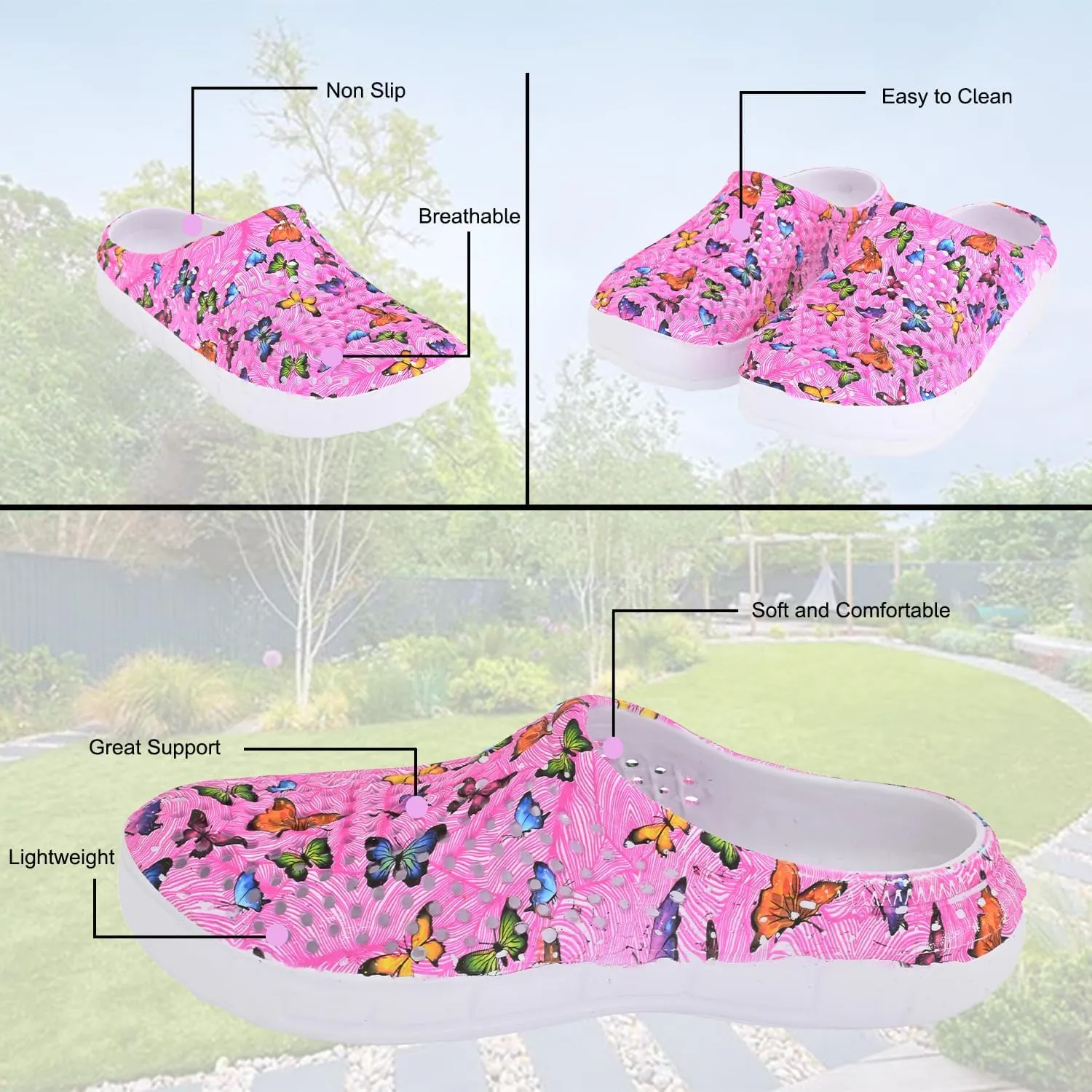 Comfort Trends Slip-On Casual Medical EVA Clogs, Colorful Butterfly Womens' Comfort Ventilated Breathable Everyday Shoes Garden EVA Clogs
