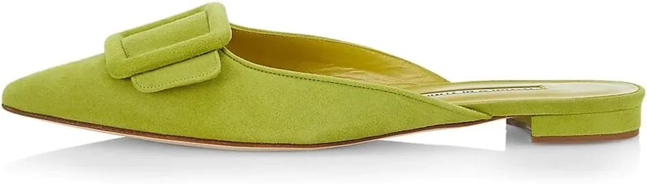Divanne Mules for Women, Buckle Flat Mules Pointed Toe Backless Mule Slides Suede Slip On Loafers