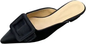 Divanne Mules for Women, Buckle Flat Mules Pointed Toe Backless Mule Slides Suede Slip On Loafers