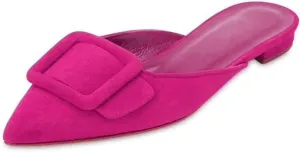 Divanne Mules for Women, Buckle Flat Mules Pointed Toe Backless Mule Slides Suede Slip On Loafers