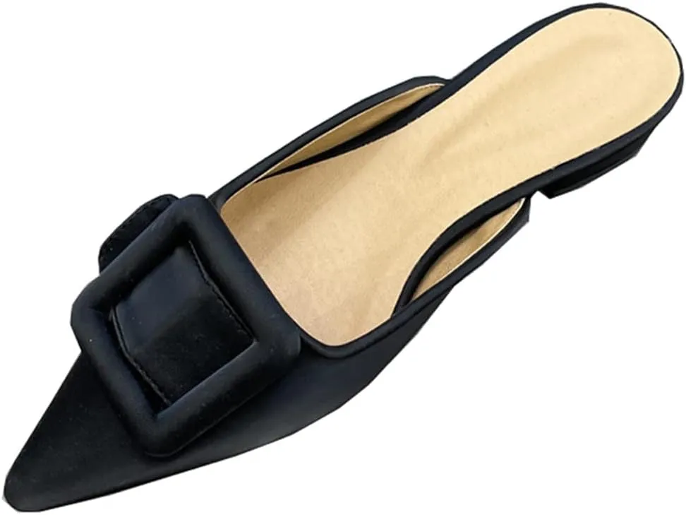 Divanne Mules for Women, Buckle Flat Mules Pointed Toe Backless Mule Slides Suede Slip On Loafers