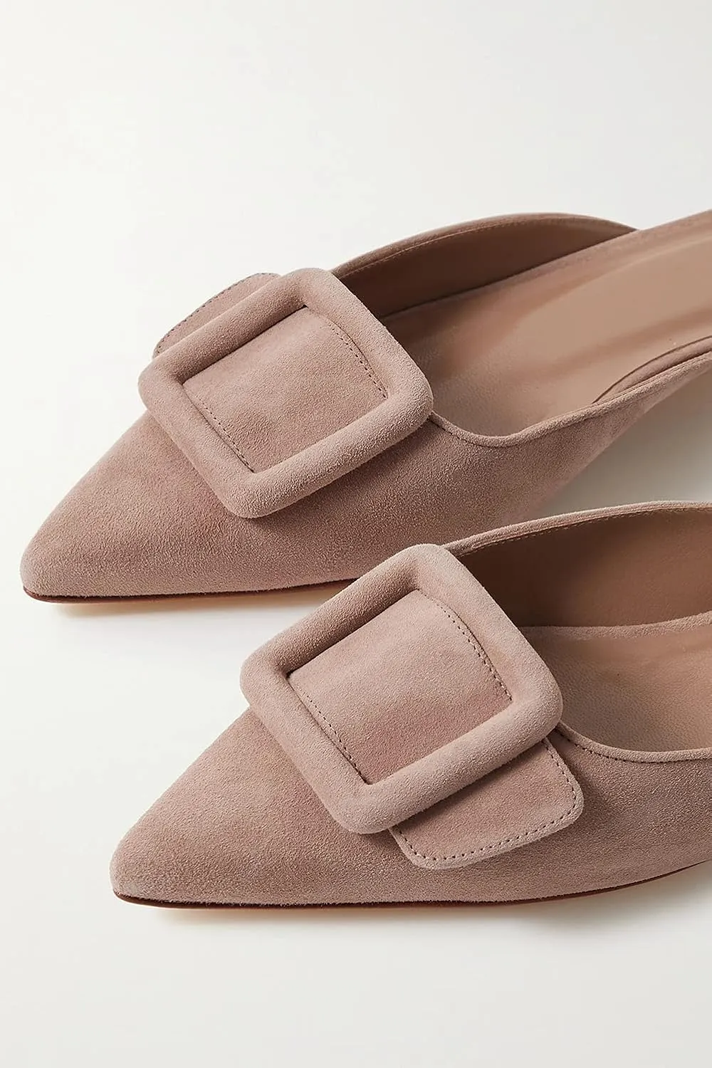 Divanne Mules for Women, Buckle Flat Mules Pointed Toe Backless Mule Slides Suede Slip On Loafers