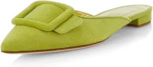 Divanne Mules for Women, Buckle Flat Mules Pointed Toe Backless Mule Slides Suede Slip On Loafers