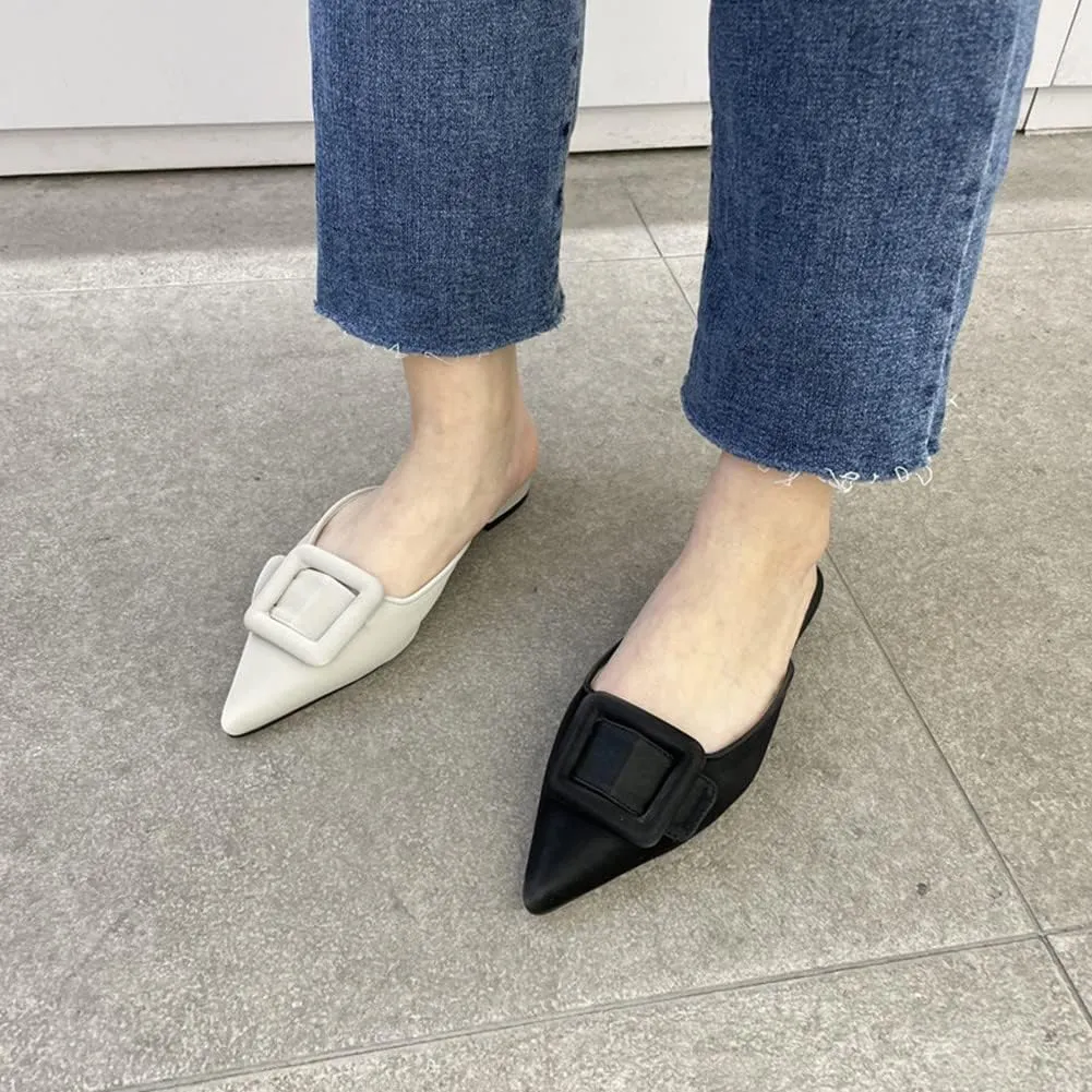 Divanne Mules for Women, Buckle Flat Mules Pointed Toe Backless Mule Slides Suede Slip On Loafers