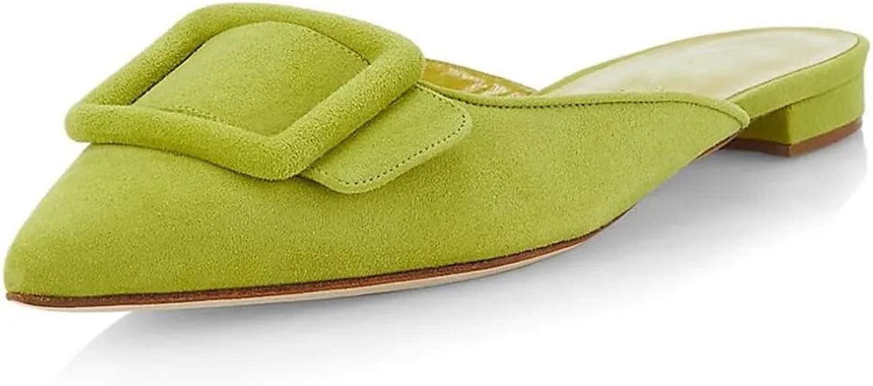 Divanne Mules for Women, Buckle Flat Mules Pointed Toe Backless Mule Slides Suede Slip On Loafers