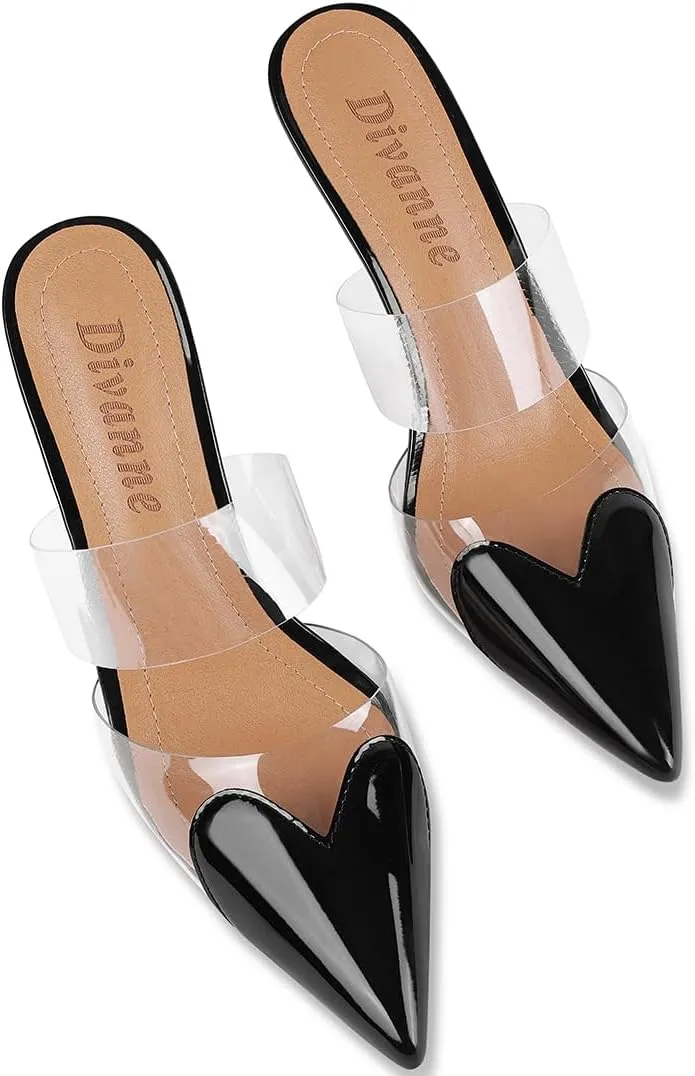 Divanne Women's Heart Heeled Mules Pointed Toe Mule Pumps High Heel Mules Slip On Clear Heeled Sandals