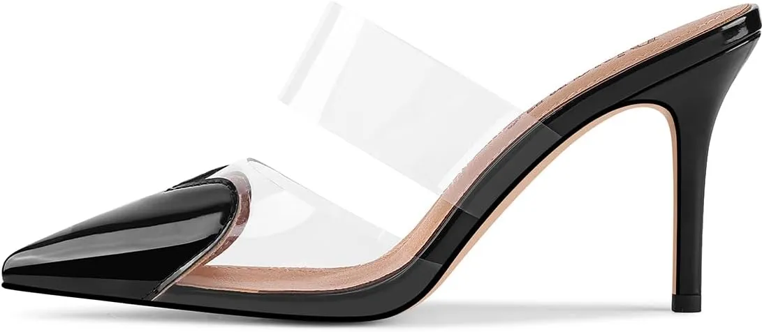 Divanne Women's Heart Heeled Mules Pointed Toe Mule Pumps High Heel Mules Slip On Clear Heeled Sandals