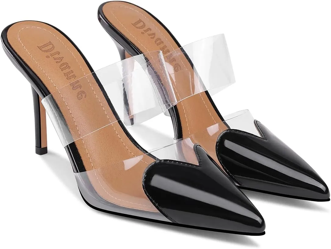 Divanne Women's Heart Heeled Mules Pointed Toe Mule Pumps High Heel Mules Slip On Clear Heeled Sandals
