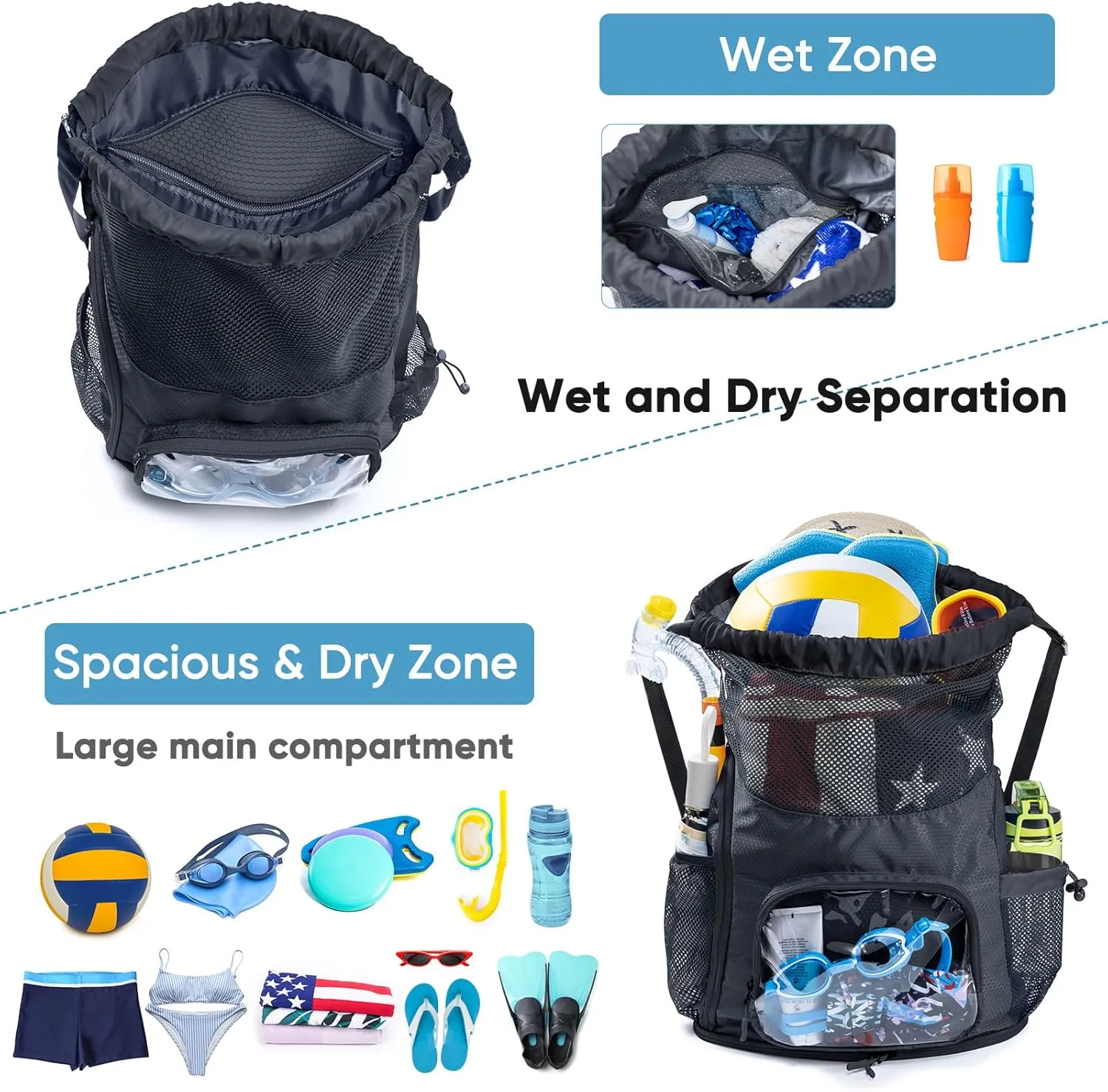 Drawstring Mesh Backpack - Beach/Pool Swim Bag with Shoe Compartment - Sandproof Wet Bag for Swimsuit - Summer Camp Essentials