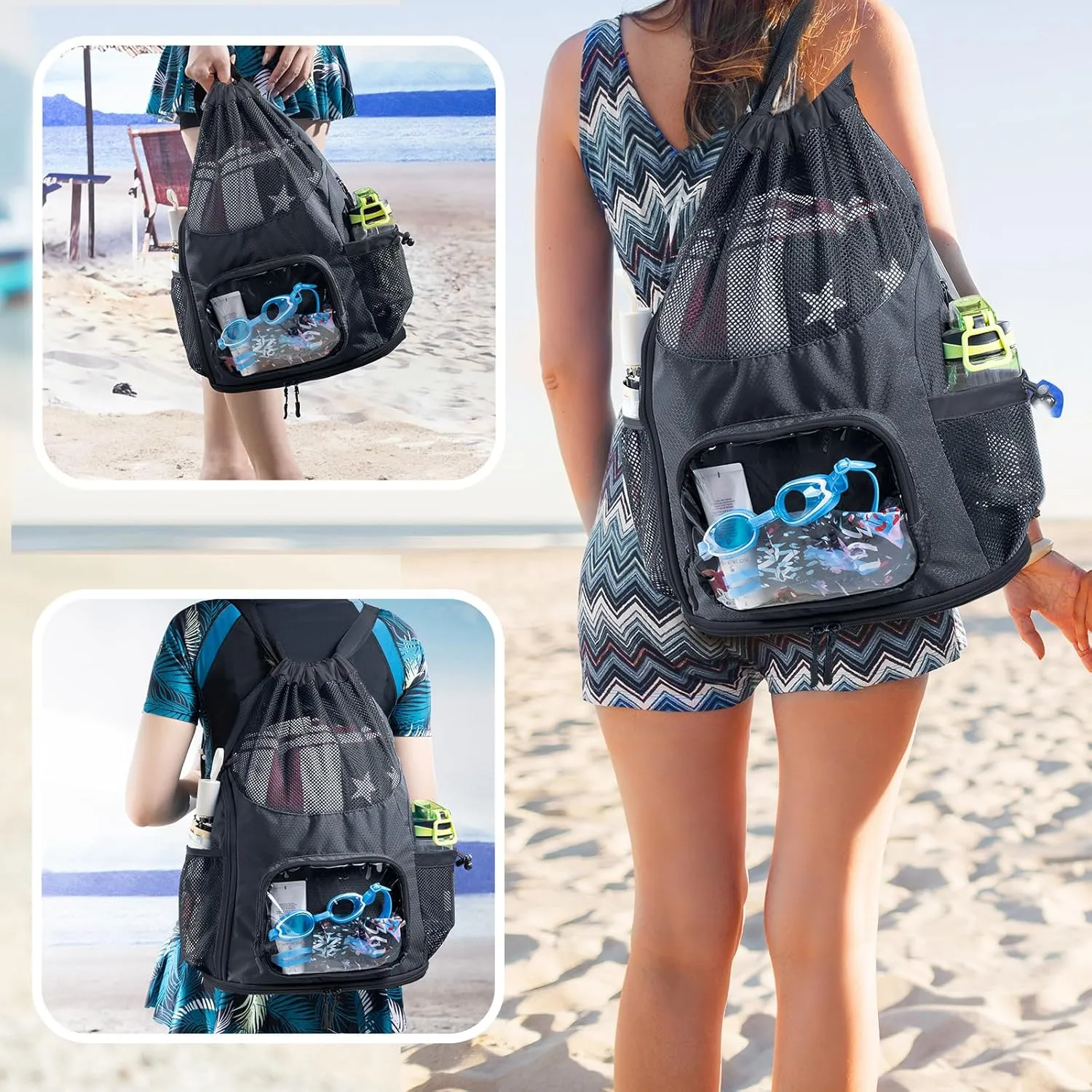 Drawstring Mesh Backpack - Beach/Pool Swim Bag with Shoe Compartment - Sandproof Wet Bag for Swimsuit - Summer Camp Essentials