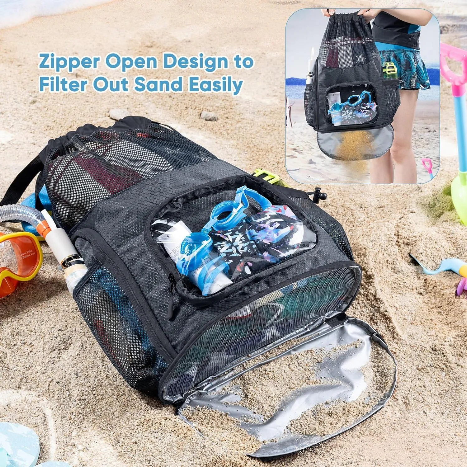 Drawstring Mesh Backpack - Beach/Pool Swim Bag with Shoe Compartment - Sandproof Wet Bag for Swimsuit - Summer Camp Essentials