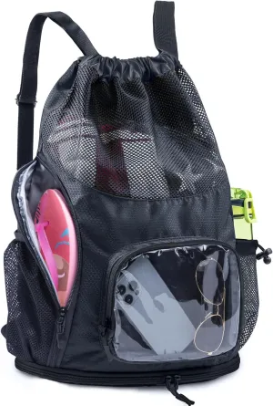 Drawstring Mesh Backpack - Beach/Pool Swim Bag with Shoe Compartment - Sandproof Wet Bag for Swimsuit - Summer Camp Essentials