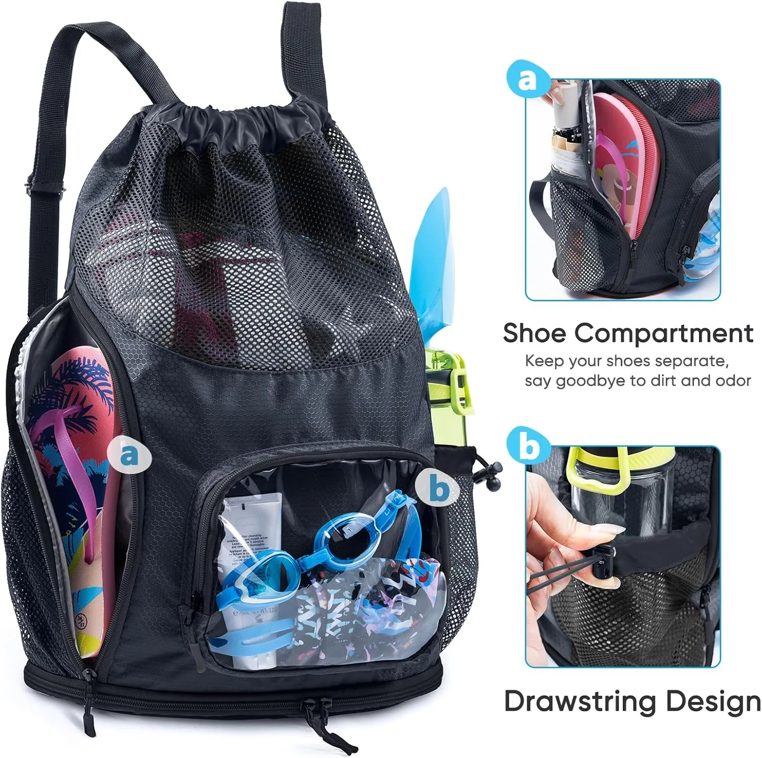 Drawstring Mesh Backpack - Beach/Pool Swim Bag with Shoe Compartment - Sandproof Wet Bag for Swimsuit - Summer Camp Essentials