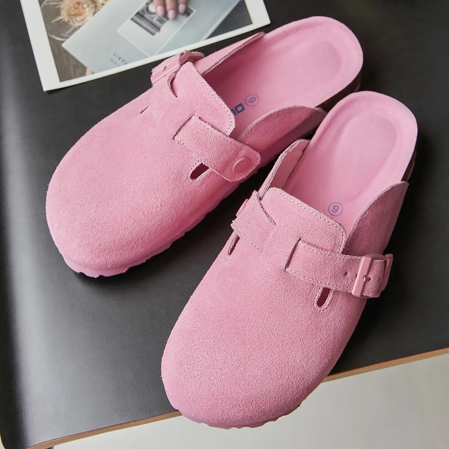 Dumalum Women's Suede Clog Leather Mules Arch Support Potato Shoes with Comfort Cork Footbed - Clogs for Women Men Unisex Antislip Slippers Sandals